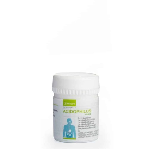 NeoLife Acidophilus Plus bottle of 60 capsules, five strains of live bacteria at 5 billion per capsule