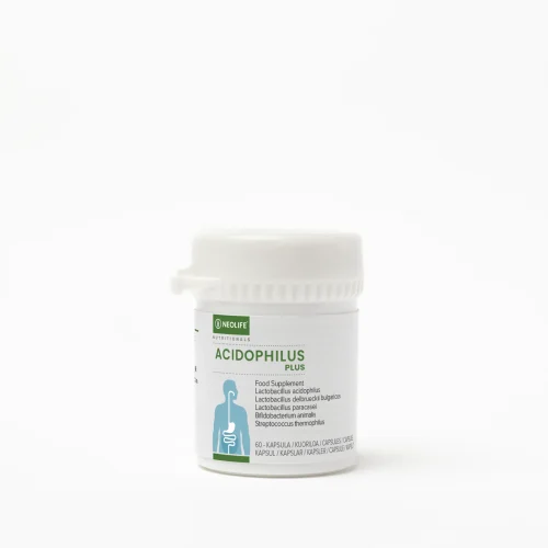 NeoLife Acidophilus Plus bottle of 60 capsules, five strains of live bacteria at 5 billion per capsule