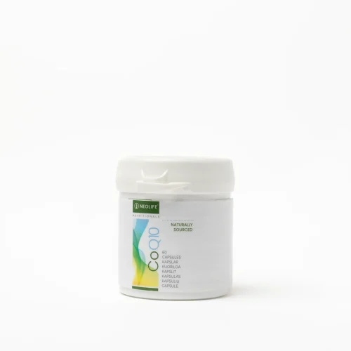 NeoLife CoQ10 bottle of 60 softgel capsules providing 100 mg coenzyme Q10 per two-capsule serving