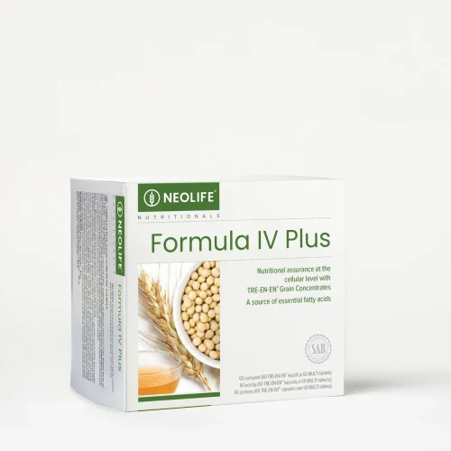 NeoLife Formula IV Plus, an iron-free multivitamin and mineral tablet plus a Tre-en-en grain concentrate capsule, 60 daily portions